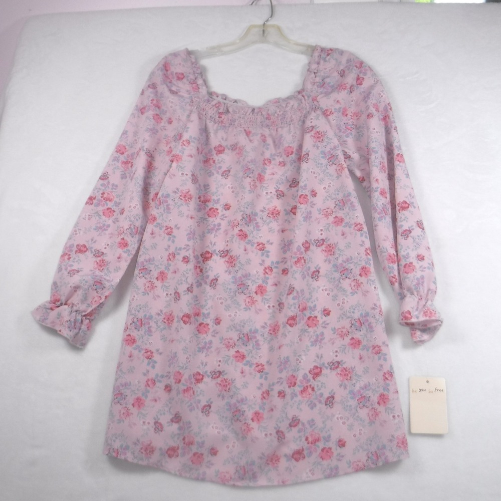 Bebop Womens XS Pink Floral Smocked Square Neck Long Sleeve Tunic Top Prairie